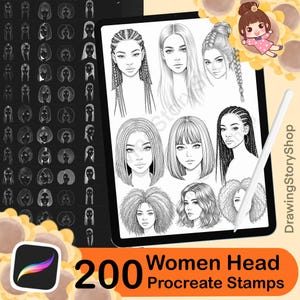 Peut inclure: Un ensemble d'art numérique affiché sur une tablette, comprenant 200 tampons Procreate de têtes de femmes. Les illustrations présentent diverses coiffures, notamment des tresses, des cheveux longs et raides et des styles bouclés. Un stylet et l'icône de l'application Procreate sont également visibles.