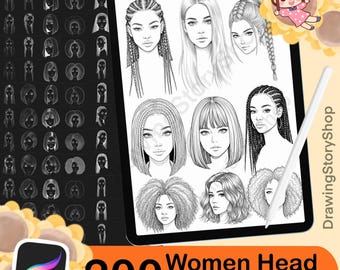 200 Carimbos de Cabeça Feminina para Procreate, Pincéis de Rosto Feminino, Carimbos de Retrato Digital, Design de Personagens para Procreate