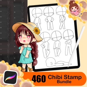 460 Procreate Chibi Stamp Brushes, Procreate Brushes Anime, Manga Comics Chibi Body Guides, Chibi Eye Stamps, Chibi Lips, Chibi eyebrow,