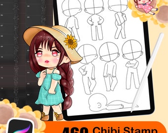 May include: A digital illustration of a girl wearing a straw hat with a sunflower on it and a blue and white checkered dress. The image also includes a digital tablet with a screen showing a set of 6 blank chibi character templates. The text "460 Chibi Stamp Bundle" is at the bottom of the image.
