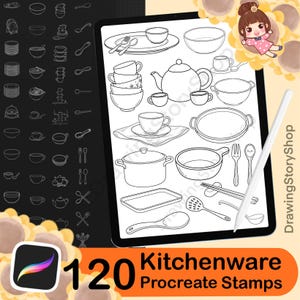 120 Procreate Kitchenware Stamp Brushes, Cooking Utensil Dishware Stamps, Bowl Cup Teapot Kitchen Tools for iPad