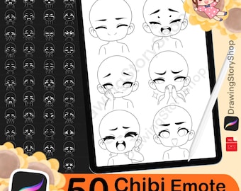 May include: A digital illustration of 50 black and white chibi character faces with different expressions. The faces are arranged in a grid on a white background. The text "50 Chibi Emote Procreate Stamps" is at the bottom of the image.