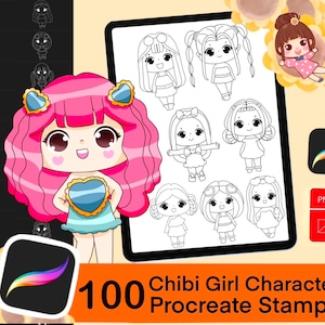 100 Procreate Chibi Girl Character Stamps, Chibi girl stamps , Chibi Character Stamp for procreate ,PNG files for other drawing programs