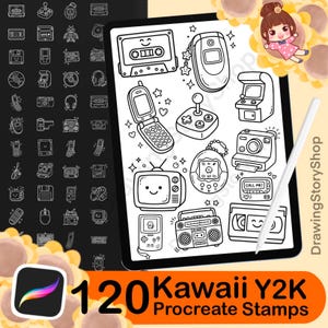 May include: Black and white digital illustration of retro electronics and gadgets, including a cassette tape, flip phone, joystick, and television. The image includes the text "120 Kawaii Y2K Procreate Stamps". A stylus is also present.