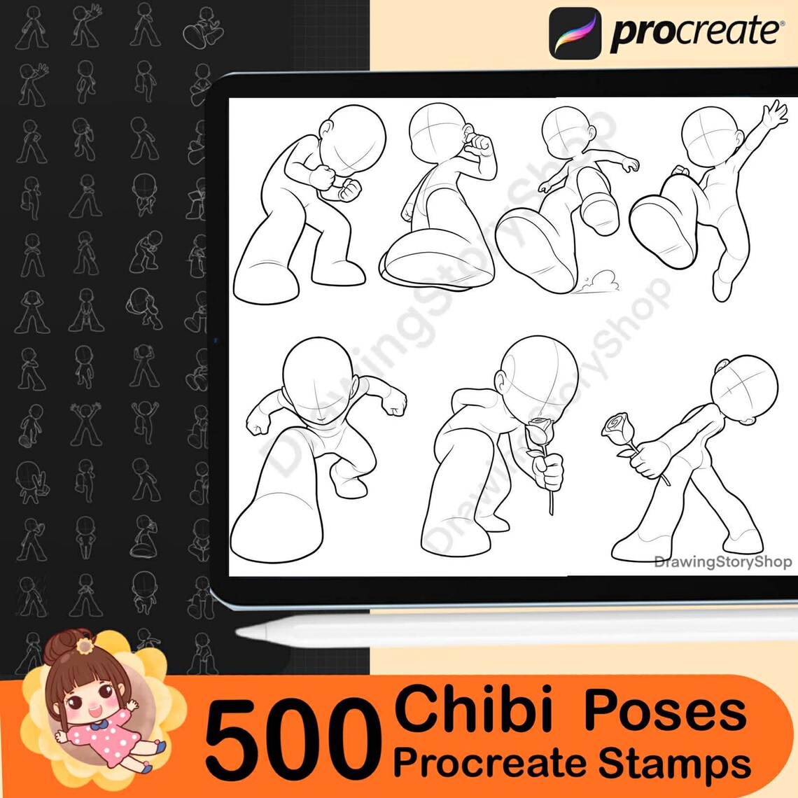 500 Procreate Chibi Perspective Pose Stamps – Extreme Foreshortening ...
