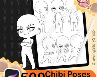 500 Chibi male Figure Poses , Procreate Chibi Base Poses, chibi character body stamps