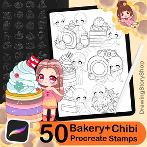 Könnte beinhalten: Ein Set mit 50 Procreate-Stempeln mit niedlichen Chibi-Charakteren und Backwaren-Illustrationen. Die Stempel sind schwarzweiß und perfekt für digitale Kunst und Design.