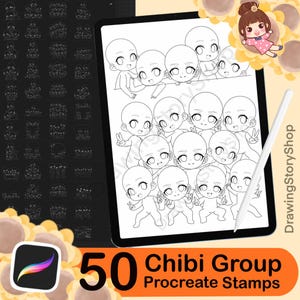 50 grupos base de Chibi para Procreate, sellos de poses de amigos Chibi, guía corporal para crear personajes de Procreate, manga de dibujos animados