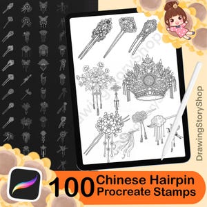 May include: A digital illustration of 100 Chinese hairpin Procreate stamps. The image shows various detailed black and white designs of hairpins, displayed on a tablet with a stylus. The image also includes a Procreate app logo and the text "100 Chinese Hairpin Procreate Stamps."