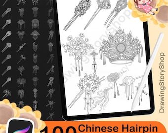 100 Chinese Hairpin Procreate Brushes Stamp, Ancient Hair Stick Accessories, Hanfu Princess Hair Ornament, Anime Line Art Brush