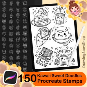 May include: A digital art image showcasing a collection of 150 kawaii sweet doodles, including cake, bubble tea, and chocolate. The image is displayed on a tablet with a stylus, and the text reads "150 Kawaii Sweet Doodles Procreate Stamps."