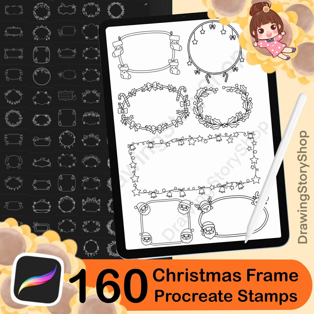160 Procreate Christmas Frame & Wreath Stamp Brushes, Cute Holiday ...