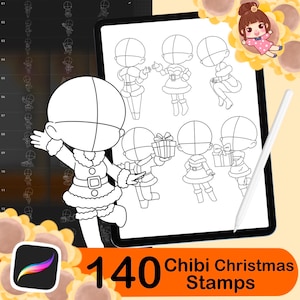 140 Procreate Chibi Girl Stamps ,Christmas Stamps,Poses Stamps for Procreate,Chibi Stamps,Chibi Bases,Guide Brushes, Christmas Template