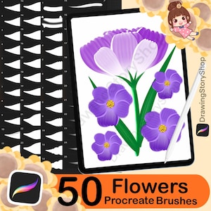 以下が含まれることがあります： 花を描くための50個のProcreateブラシのセット。ブラシは、紫色の花が描かれたデジタルタブレットの画面に表示されています。ブラシは、リアルな花びら、葉、茎を作成するために設計されています。
