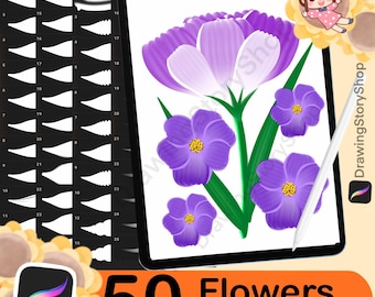 May include: A set of 50 Procreate brushes for drawing flowers. The brushes are shown on a digital tablet screen with a purple flower illustration. The brushes are designed to create realistic flower petals, leaves, and stems.
