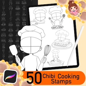 50 Procreate Chibi Cooking Poses Stamps, Cute Anime Manga, Cooking Brushes, Cooking Body Figure Stamps,Guide Brushes, Chibi Base Set 2