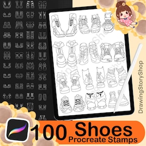 May include: A digital illustration featuring 100 shoe designs as Procreate stamps. The black and white line drawings of shoes are displayed on a tablet. A stylus and a cartoon character are also visible.