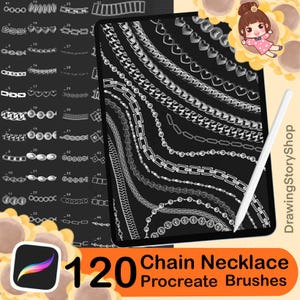 May include: A digital illustration on a tablet showcasing 120 chain necklace Procreate brushes. The image displays various chain designs, including heart-shaped, link, and beaded styles. A stylus rests on the screen, and the text "120 Chain Necklace Procreate Brushes" is visible.