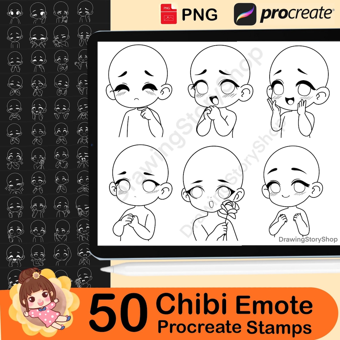 50 Chibi Emote Bases Stamps for Procreate, Anime Figure, Brushes ...
