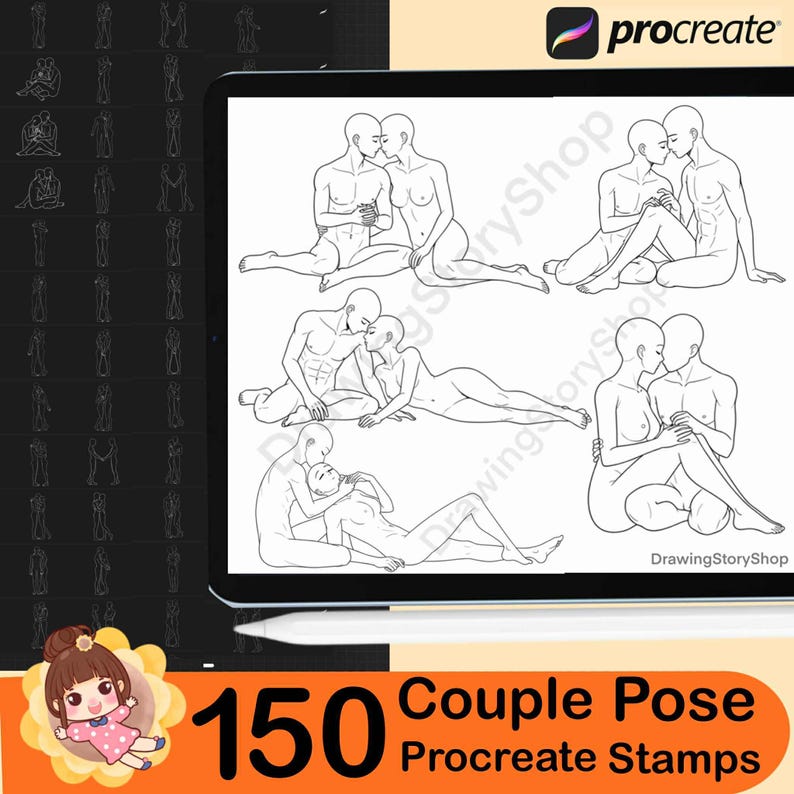 May include: A digital art product displayed on a tablet, featuring line art illustrations of couples in various poses. The image includes the text "150 Couple Pose Procreate Stamps" and the Procreate logo.