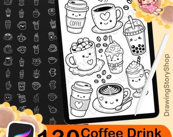 130 Kawaii Coffee Drink Procreate Stamps, Cute Cafe Beverage Brush, Coffee Cup Boba Latte Stamp Brushes
