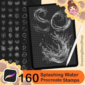 May include: 160 Procreate stamps featuring splashing water effects. The stamps are white on a black background. The image also shows a digital drawing tablet with a stylus.
