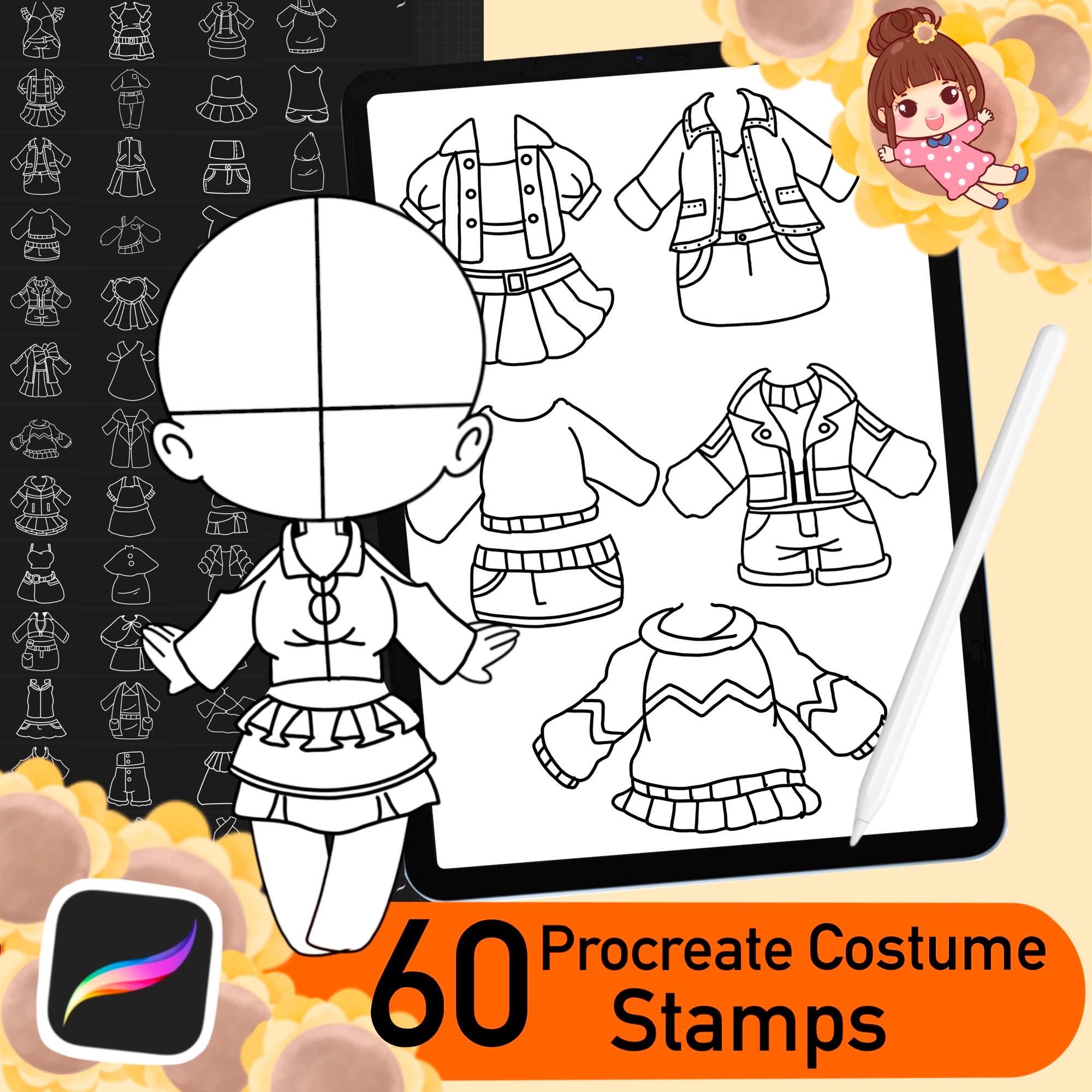 60 sellos de ropa Chibi para Procreate – Pinceles de disfraces kawaii para creador de personajes Chibi (Set 3)
