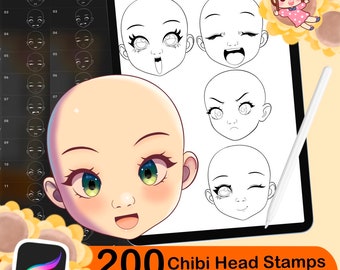 200 Procreate chibi head stamps , Procreate chibi emote brushes, chibi emotion face stamp, Procreate anime, manga brush