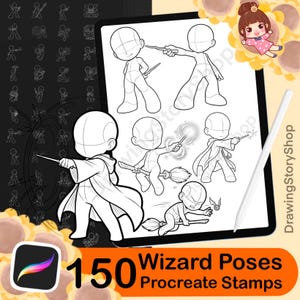 May include: Digital art stamps for Procreate featuring 150 wizard poses. The image shows a tablet displaying various line art sketches of wizards in action, with wands and brooms. A stylus and a cartoon character are also visible.