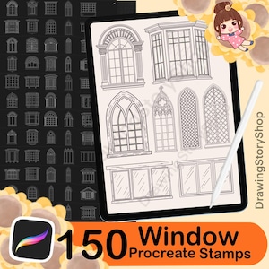 May include: A digital art illustration showcasing 150 window Procreate stamps. The image displays various window designs on a tablet screen, with a stylus and a Procreate app icon. A collection of window stamps is also shown on a black background.