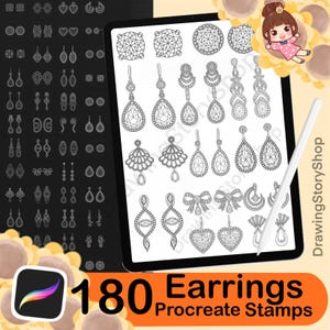 May include: A digital illustration of 180 earring designs displayed on a tablet screen. The earrings are in various styles, including teardrop, bow, and heart shapes. The image includes the text "180 Earrings Procreate Stamps" in orange.