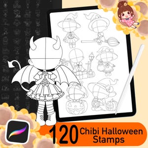 120 Procreate Halloween Stamps, Halloween Brushes Procreate, Chibi Base, Procreate Chibi Brush, Chibi Anime Pose Set, Procreate Pose Stamp