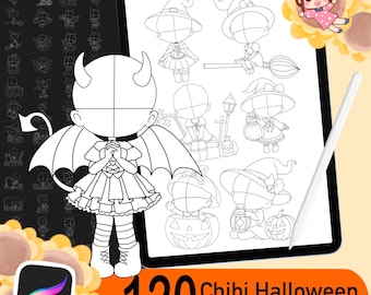 120 Procreate Halloween Stamps, Halloween Brushes Procreate, Chibi Base, Procreate Chibi Brush, Chibi Anime Pose Set, Procreate Pose Stamp