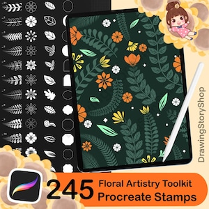 May include: A digital art toolkit featuring 245 Procreate stamps. The image shows a tablet displaying a floral design with orange, yellow, and white flowers on a dark green background. A white stylus is next to the tablet. The toolkit includes various floral and leaf stamps.