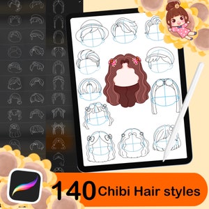 140 Procreate Hair Stamp Brushes, Chibi Hair Brushes, Hairstyles Stamps, Anime Hair Brushes,Procreate Hairstyle Stamps Set 2