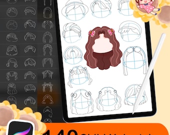 140 Procreate Hair Stamp Brushes, Chibi Hair Brushes, Hairstyles Stamps, Anime Hair Brushes,Procreate Hairstyle Stamps Set 2