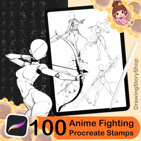 100 Procreate Fighting Stamp Brushes,Procreate Anime Fight Body Poses,Procreate Lineart Stamps Set. Manga Female, Anime Fantasy