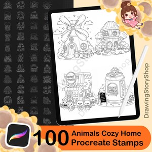100 Procreate Stamps Brushes, Kawaii Doodle Animals in Cozy Home, Doodle Coloring Stamps
