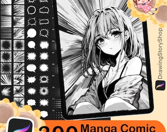 Conjunto de 300 pinceles para cómics manga de Procreate: bocadillos de diálogo, líneas de velocidad, pinceles de medios tonos y pinceles de tramas.