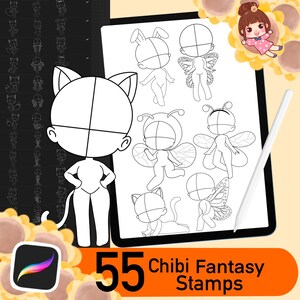 Könnte beinhalten: Ein digitales Tablet zeigt 55 schwarz-weiße Chibi-Fantasy-Charakter-Stempel. Die Stempel sind in verschiedenen Posen, darunter eine Katze, ein Schmetterling und eine Biene. Der Text "55 Chibi Fantasy Stamps" wird auf dem Bildschirm angezeigt.