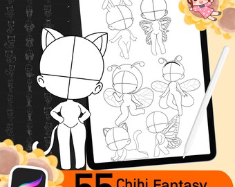 55 Pennelli per figure stilizzate per Procreate, pose fantasy, pennelli guida, set base chibi, pennelli digitali, pennelli per figure in stile cartone animato