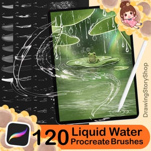 Peut inclure: Illustration numérique d'une grenouille sur un nénuphar dans un étang, avec de la pluie et un arc-en-ciel. L'image est sur une tablette avec un stylet. Le texte indique "120 Liquid Water Procreate Brushes".
