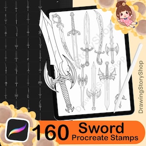 May include: A digital illustration of various sword designs in black and white, displayed on a tablet screen. The image includes the text "160 Sword Procreate Stamps" in an orange banner, along with a stylus and a cartoon character.
