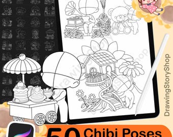 Puede incluir: Un conjunto de 50 poses de personajes chibi en blanco y negro para Procreate. Las poses están en varias posiciones, incluyendo sentado, de pie y sosteniendo objetos. Las poses están diseñadas para ser utilizadas como sellos en la aplicación Procreate.