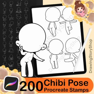 May include: A digital art product featuring a Procreate stamp set with 200 Chibi poses. The image shows a tablet displaying Chibi figure outlines in various poses, a stylus, and a Procreate app icon. Additional Chibi poses are displayed on a black background.