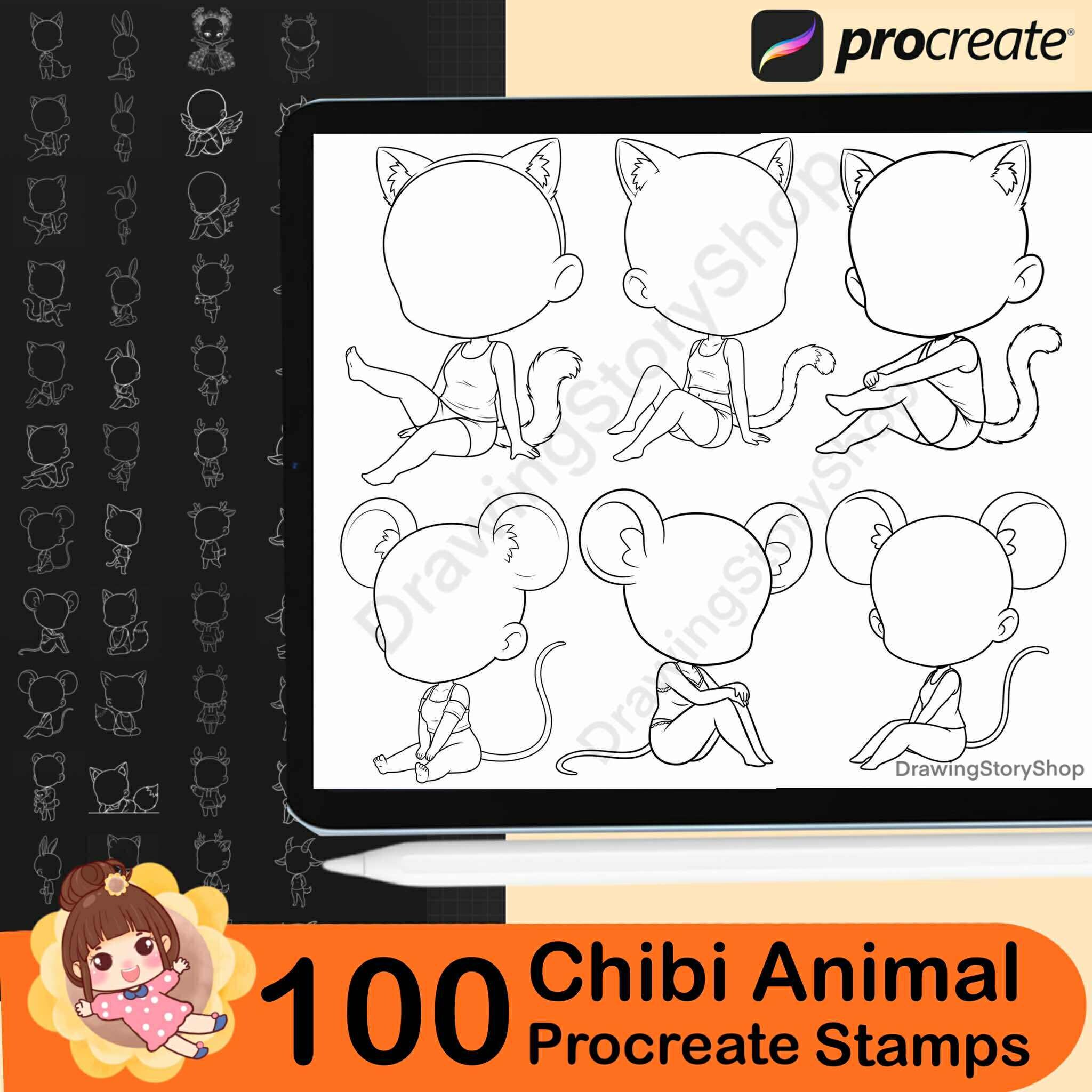 100 Procreate Chibi Girl Animal Stamp Brushes | Procreate Chibi Poses ...