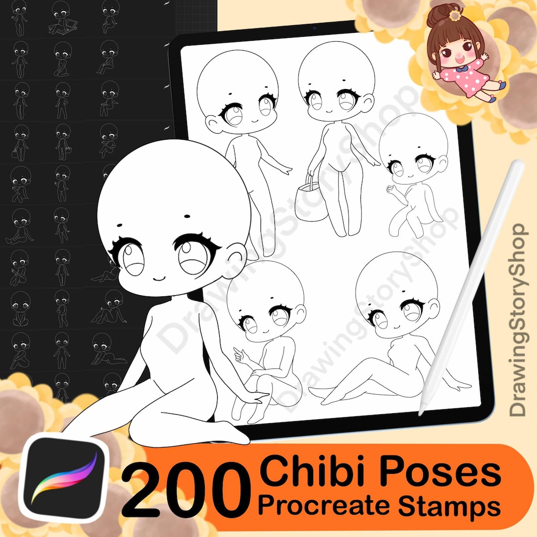 200 Base Chibi Procreate Pose Stamps , Procreate Chibi Body Stamps ...