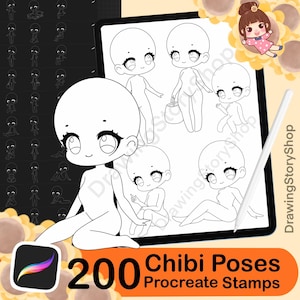 200 Base chibi Procreate pose stamps , Procreate chibi body stamps , Chibi brushes,Anime Manga, Brush Guide