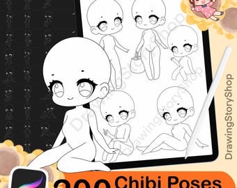 Puede incluir: Una pantalla de tableta digital que muestra 200 poses de personajes chibi en blanco y negro para usar como sellos de Procreate. El texto "200 Chibi Poses Procreate Stamps" se muestra en la parte inferior de la pantalla.
