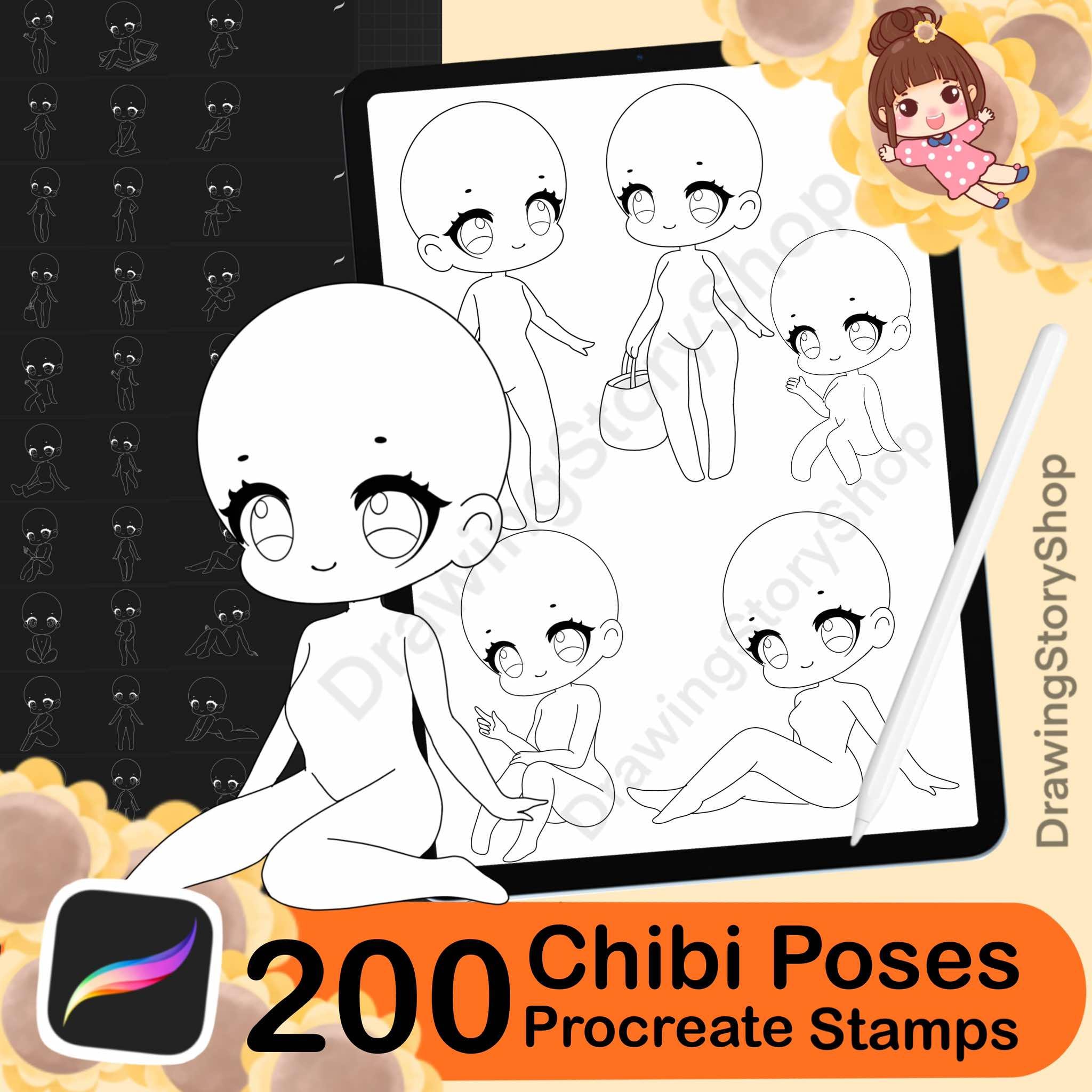 200 sellos de poses chibi para Procreate – Pinceles de cuerpo chibi Anime/Manga + guía